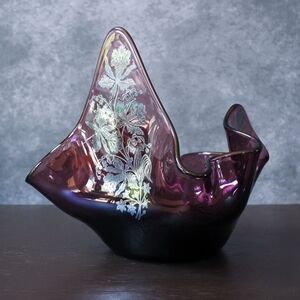 Vintage Mid Century Sterling Overlay Floral Amethyst Glass Handkerchief Bowl